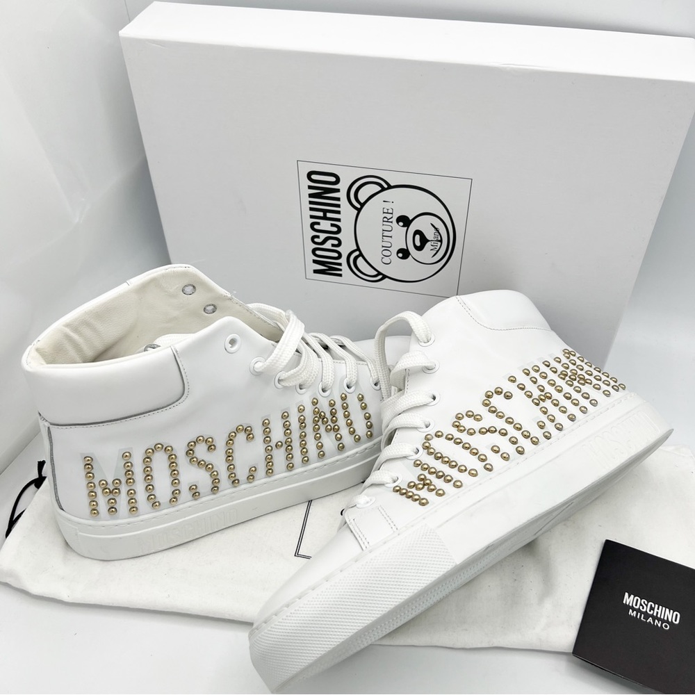 Moschino Logo High top Sneakers Size EU 38 US 8 White NEW Gold Studded